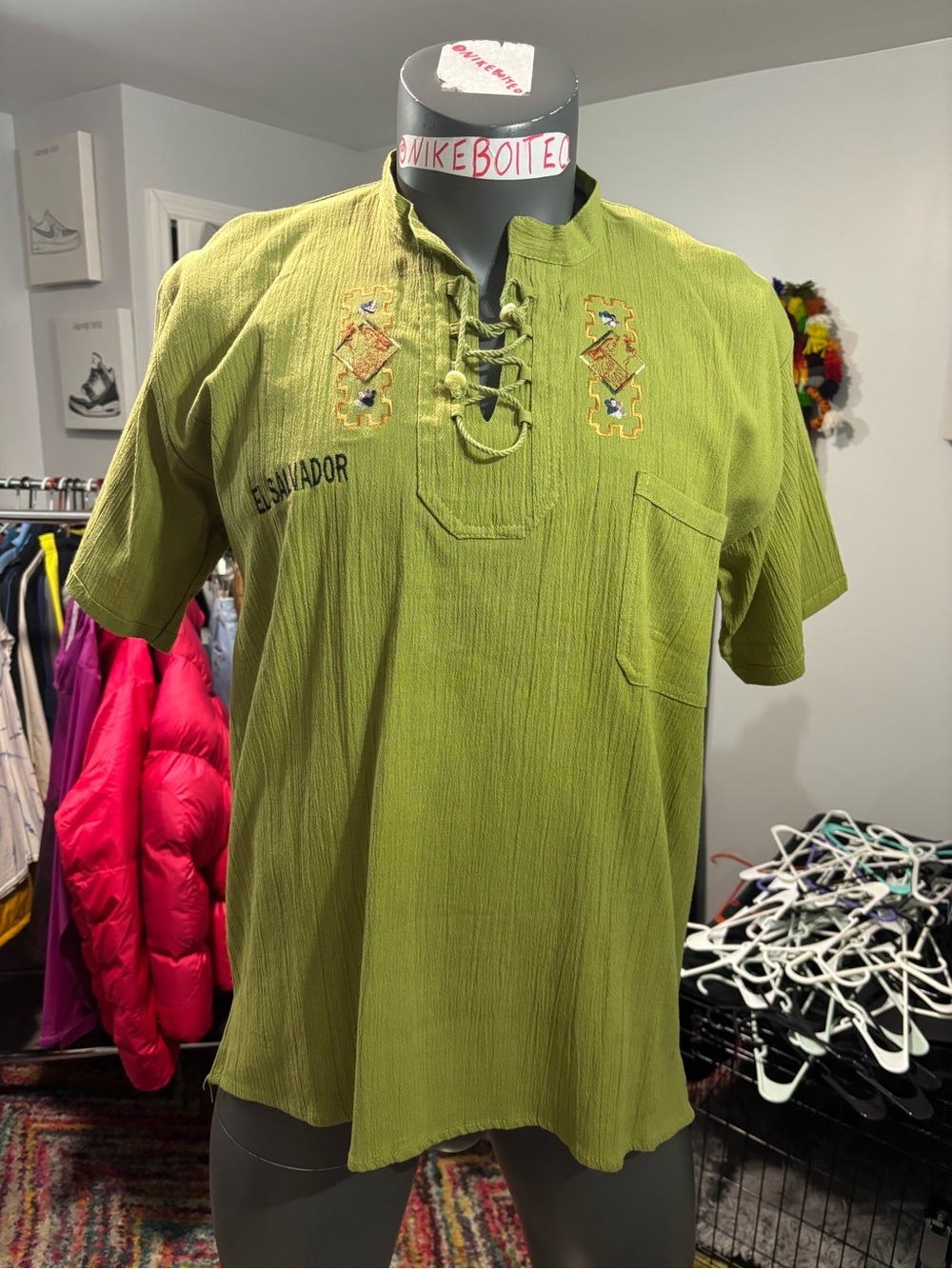 NEW El Salvador Mens XL embroidered drawstring shirt boho beach top tribal Shirt